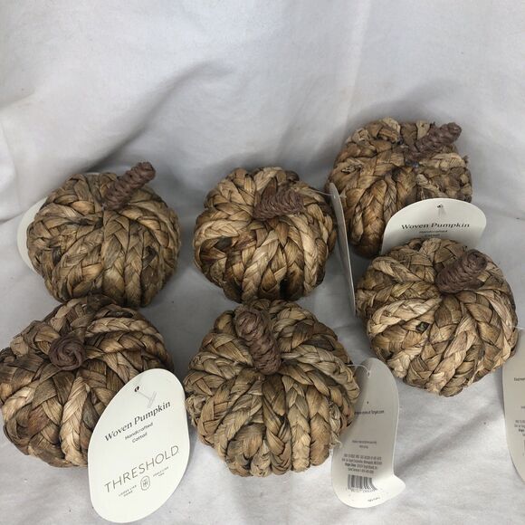 THRESHOLD Farmhouse Boho WOVEN RATTAN PUMPKINS Fall Decor Small 4" LOT OF 6 - Picture 2 of 3
